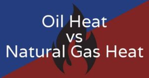 A background image of a cartoon flame with the text overlay "Oil Heat vs. Natural Gas Heat".